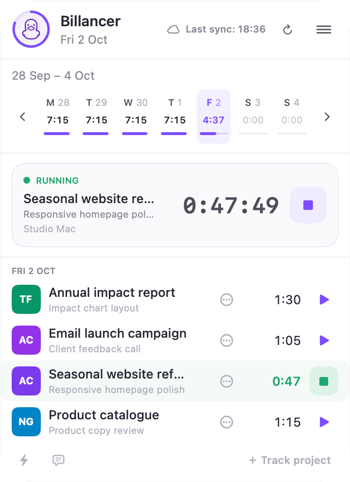 Billancer's Mac menu-bar popover with a timer running on Seasonal website refresh, the week's daily totals, and four projects tracked today, each with a play button.